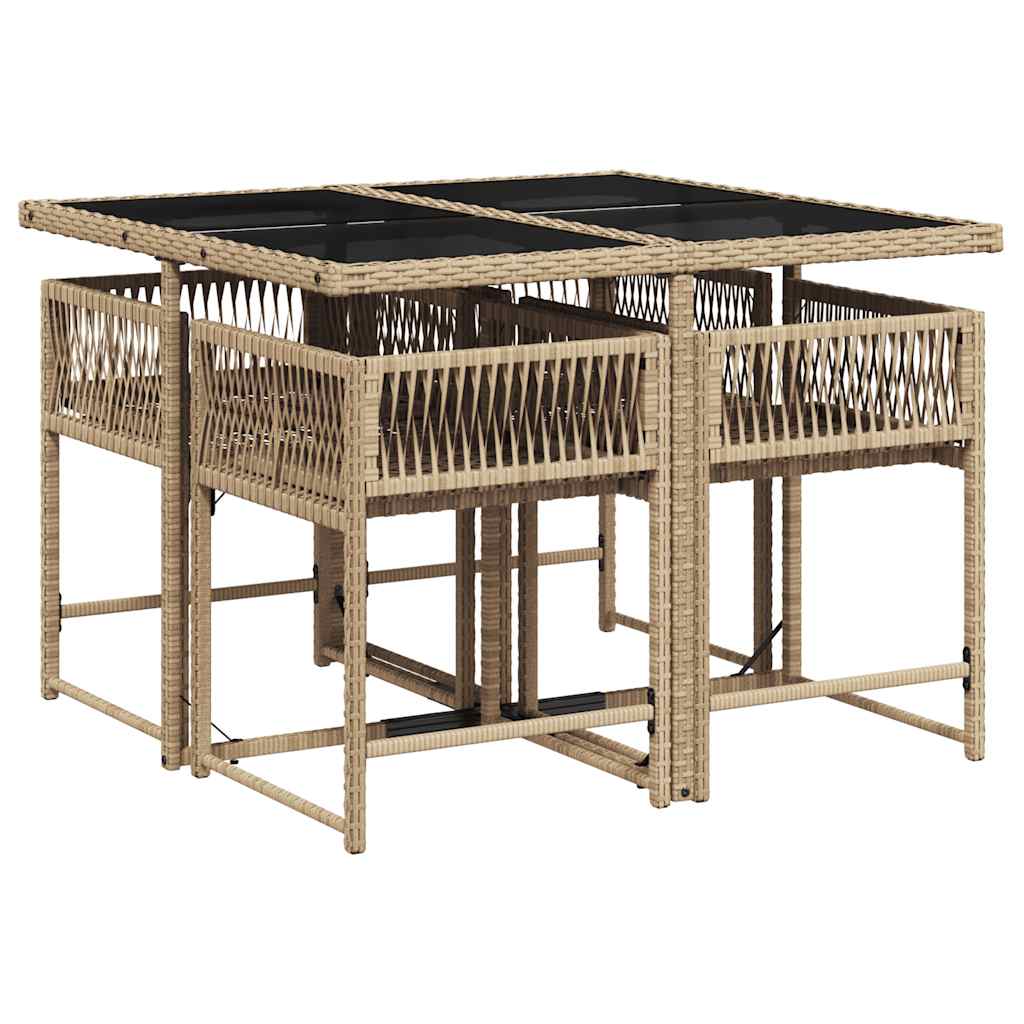 5 Piece Garden Dining Set with Cushions Beige Poly Rattan