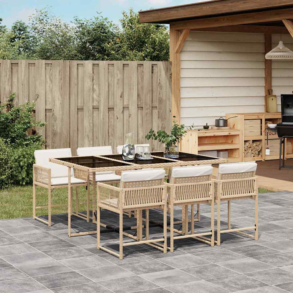7 Piece Garden Dining Set with Cushions Beige Poly Rattan