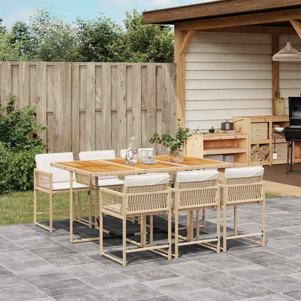 7 Piece Garden Dining Set with Cushions Beige Poly Rattan