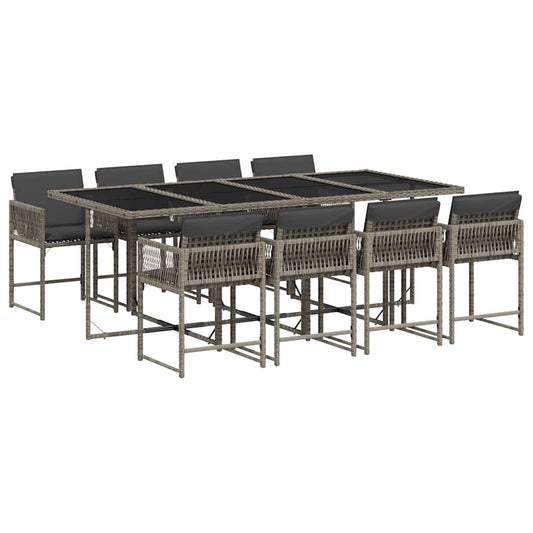 9 Piece Garden Dining Set with Cushions Grey Poly Rattan