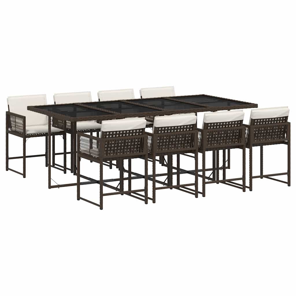9 Piece Garden Dining Set with Cushions Brown Poly Rattan