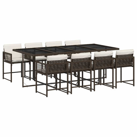 9 Piece Garden Dining Set with Cushions Brown Poly Rattan