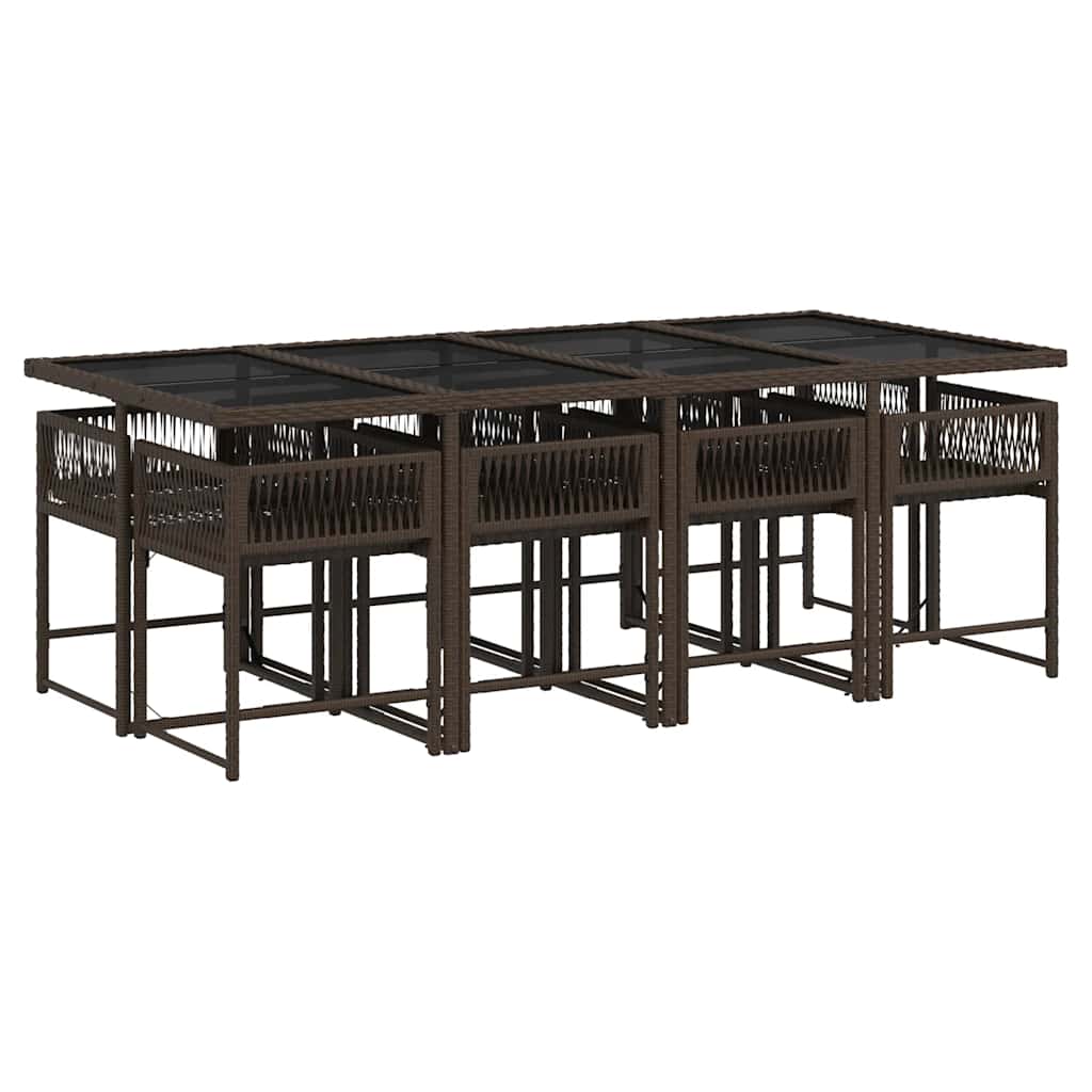 9 Piece Garden Dining Set with Cushions Brown Poly Rattan