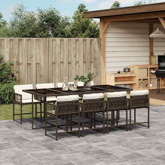 9 Piece Garden Dining Set with Cushions Brown Poly Rattan