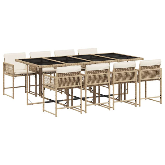 9 Piece Garden Dining Set with Cushions Beige Poly Rattan
