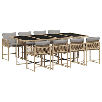 9 Piece Garden Dining Set with Cushions Mix Beige Poly Rattan