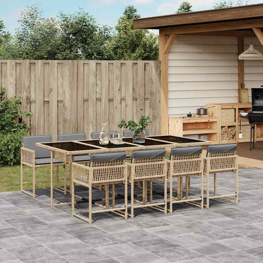 9 Piece Garden Dining Set with Cushions Mix Beige Poly Rattan