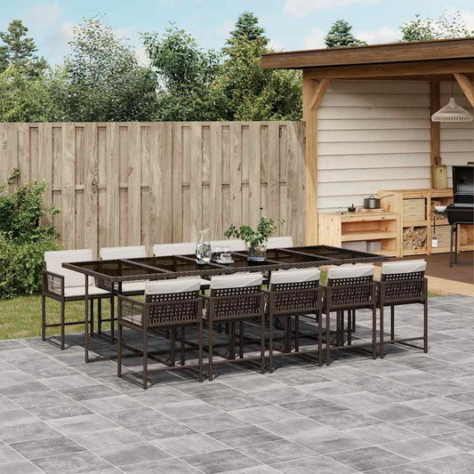 11 Piece Garden Dining Set with Cushions Brown Poly Rattan