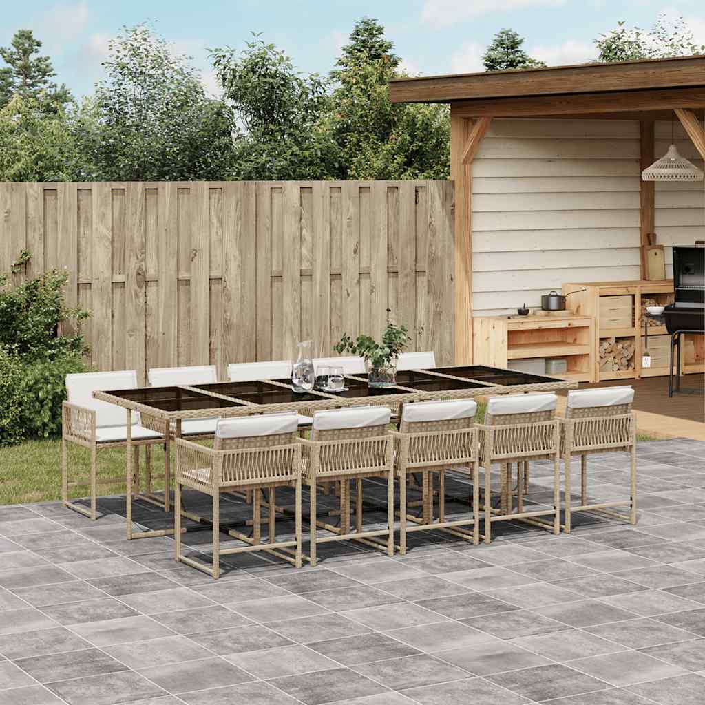 11 Piece Garden Dining Set with Cushions Beige Poly Rattan