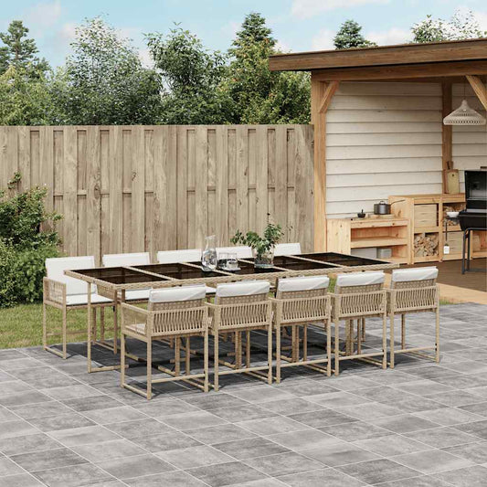 11 Piece Garden Dining Set with Cushions Beige Poly Rattan