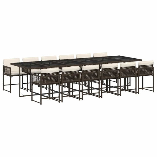 13 Piece Garden Dining Set with Cushions Brown Poly Rattan
