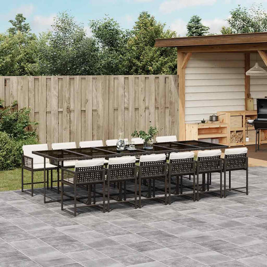 13 Piece Garden Dining Set with Cushions Brown Poly Rattan
