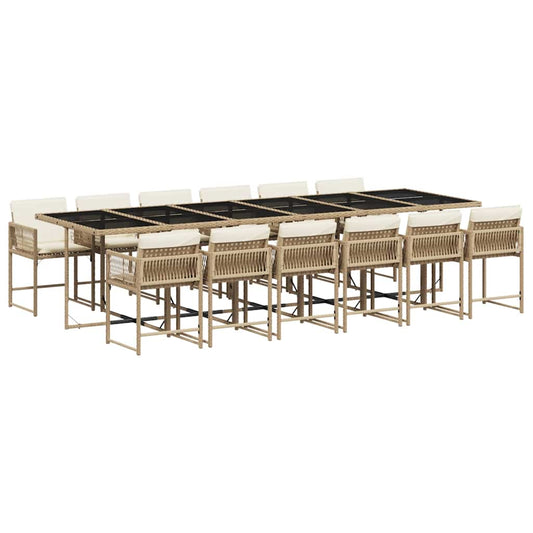 13 Piece Garden Dining Set with Cushions Beige Poly Rattan