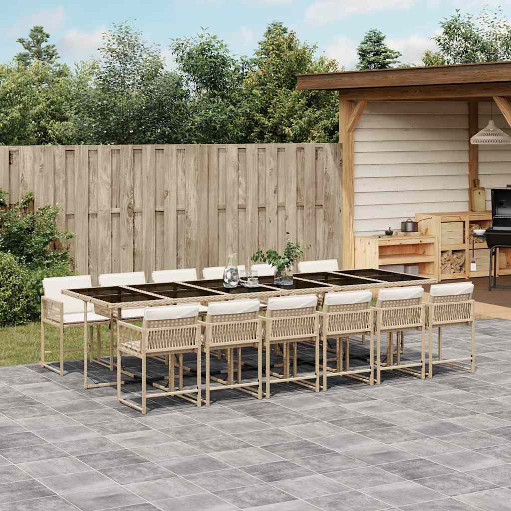 13 Piece Garden Dining Set with Cushions Beige Poly Rattan