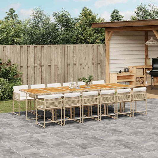 13 Piece Garden Dining Set with Cushions Beige Poly Rattan