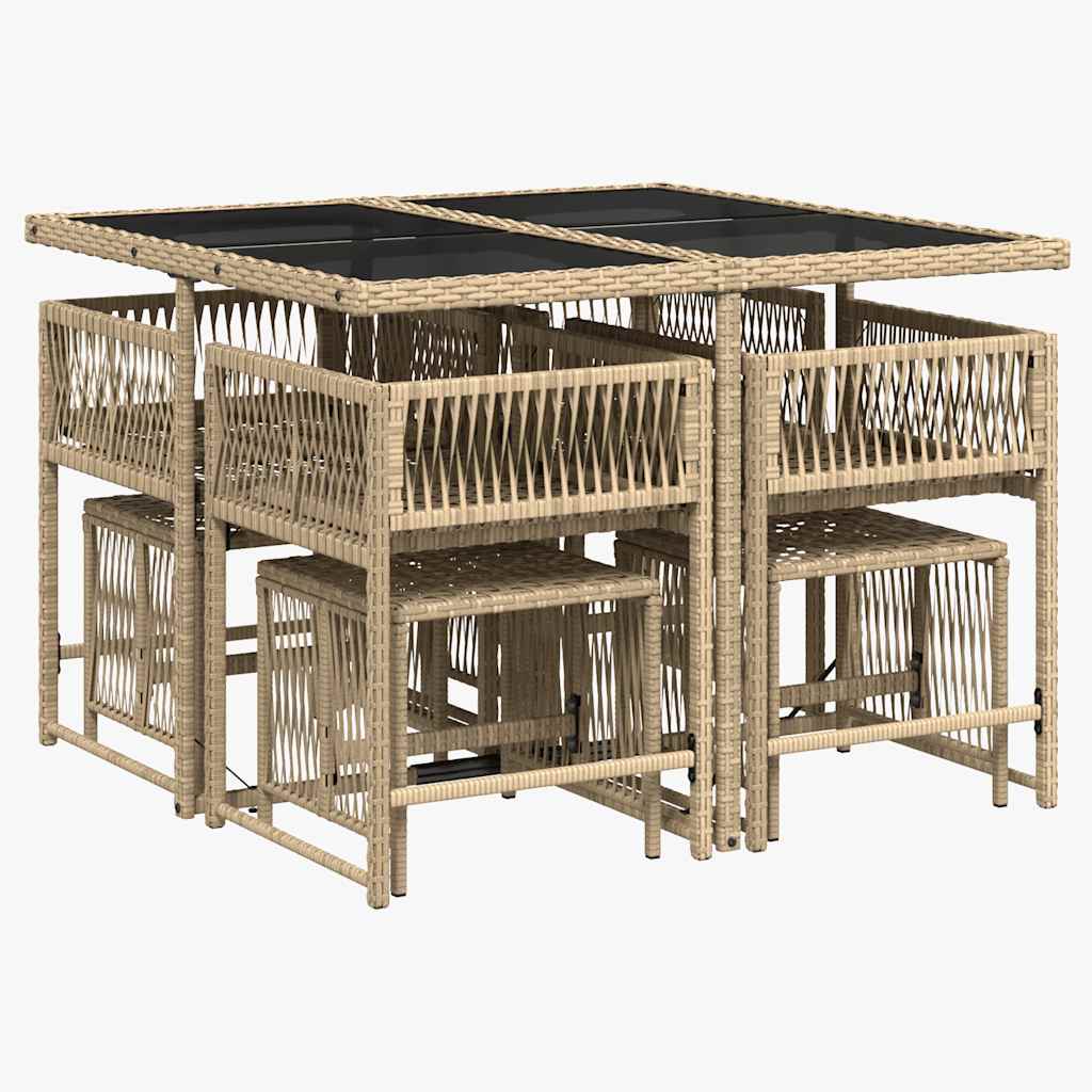 9 Piece Garden Dining Set with Cushions Beige Poly Rattan