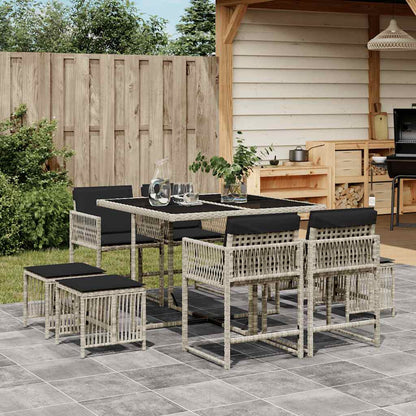 9 Piece Garden Dining Set with Cushions Light Grey Poly Rattan