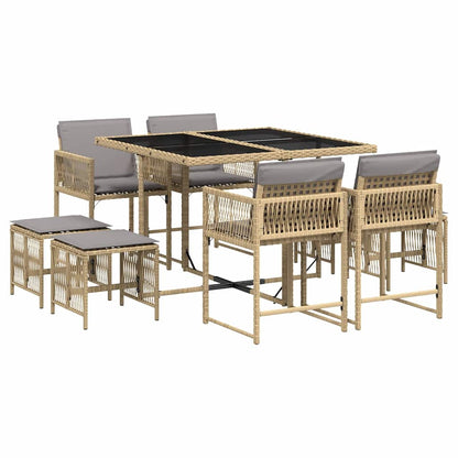 9 Piece Garden Dining Set with Cushions Mix Beige Poly Rattan