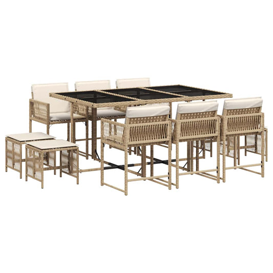 11 Piece Garden Dining Set with Cushions Beige Poly Rattan
