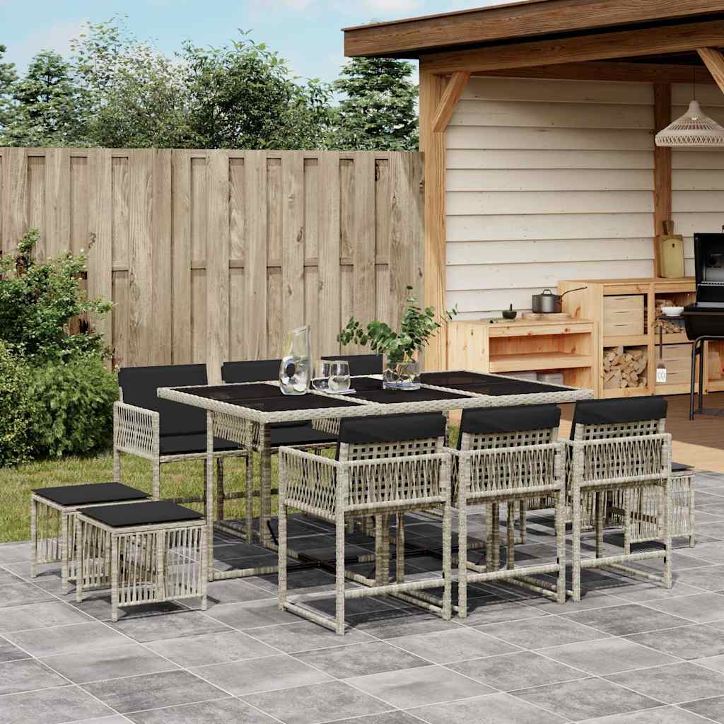 11 Piece Garden Dining Set with Cushions Light Grey Poly Rattan