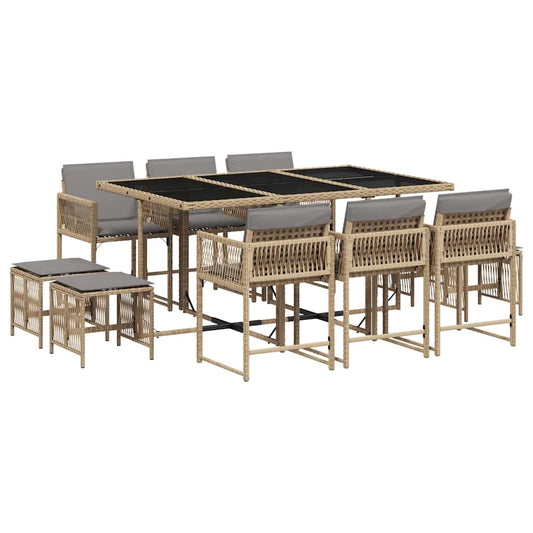 11 Piece Garden Dining Set with Cushions Mix Beige Poly Rattan