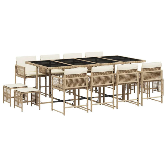 13 Piece Garden Dining Set with Cushions Beige Poly Rattan