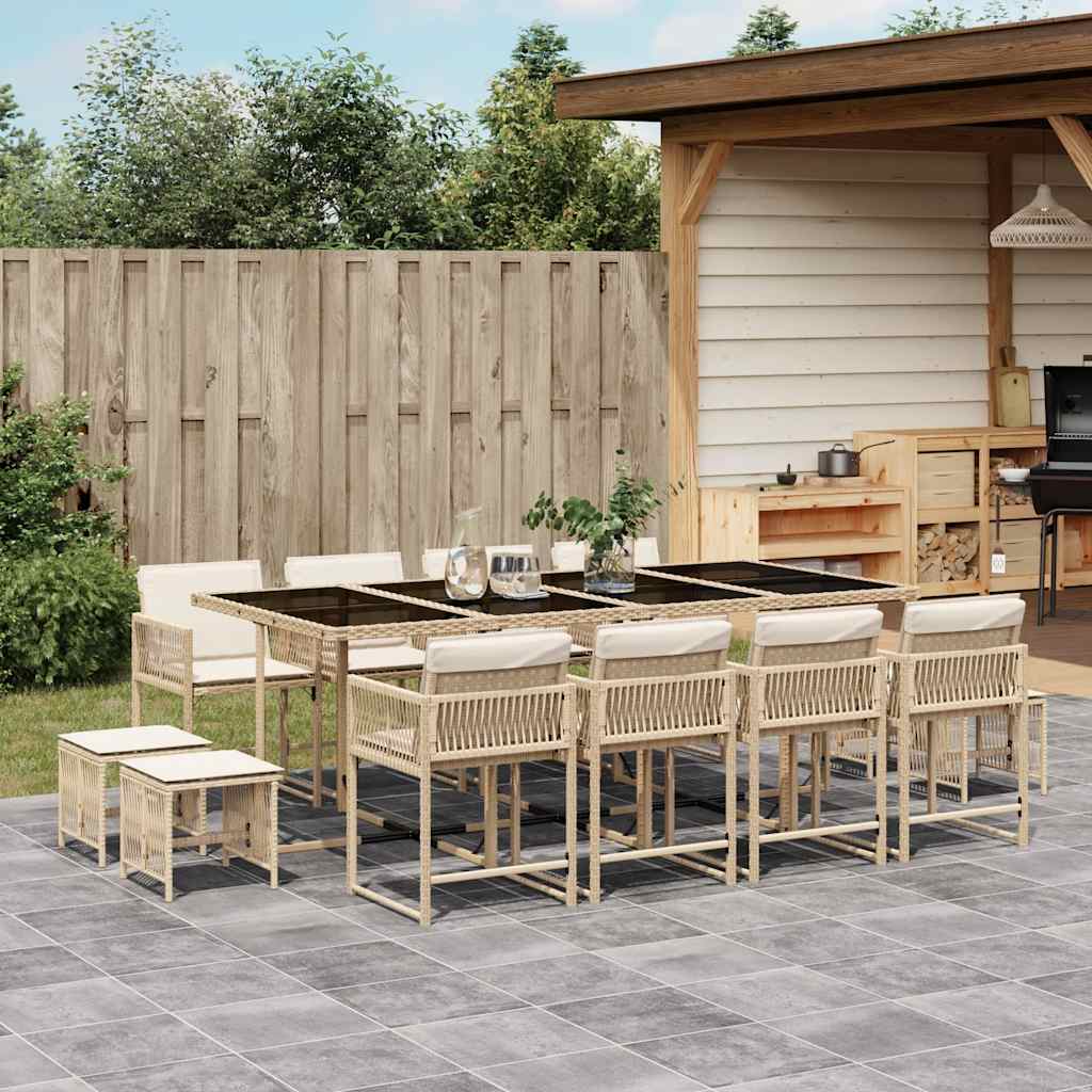 13 Piece Garden Dining Set with Cushions Beige Poly Rattan