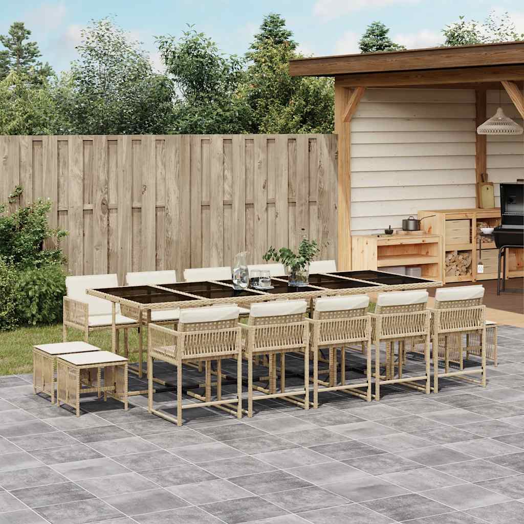 15 Piece Garden Dining Set with Cushions Beige Poly Rattan