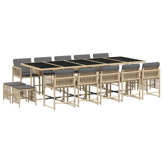 15 Piece Garden Dining Set with Cushions Mix Beige Poly Rattan