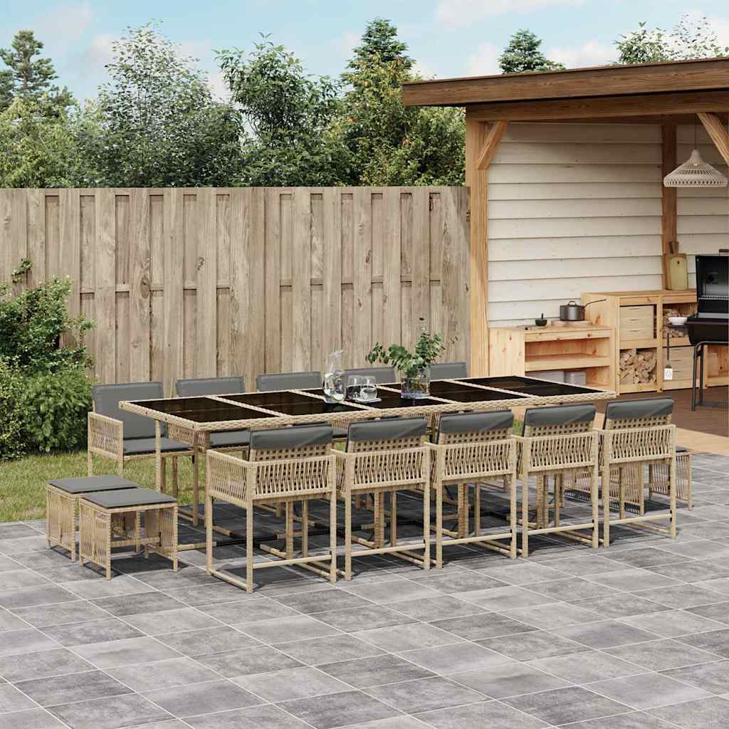 15 Piece Garden Dining Set with Cushions Mix Beige Poly Rattan