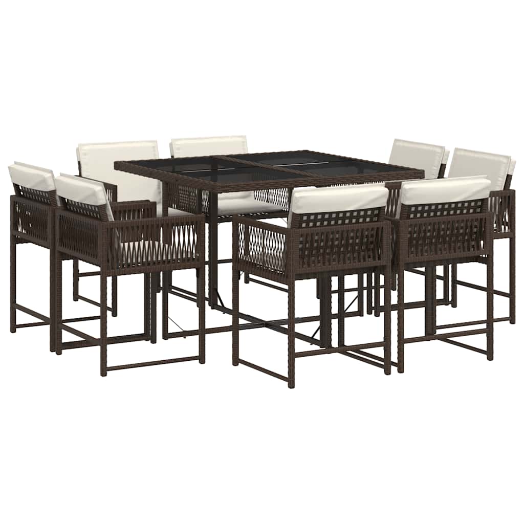 9 Piece Garden Dining Set with Cushions Brown Poly Rattan
