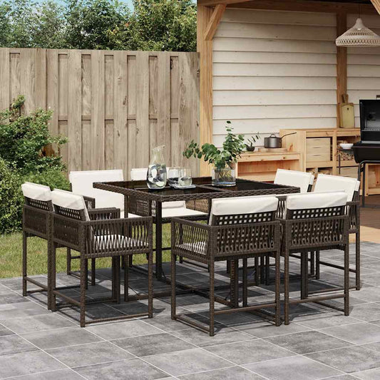 9 Piece Garden Dining Set with Cushions Brown Poly Rattan