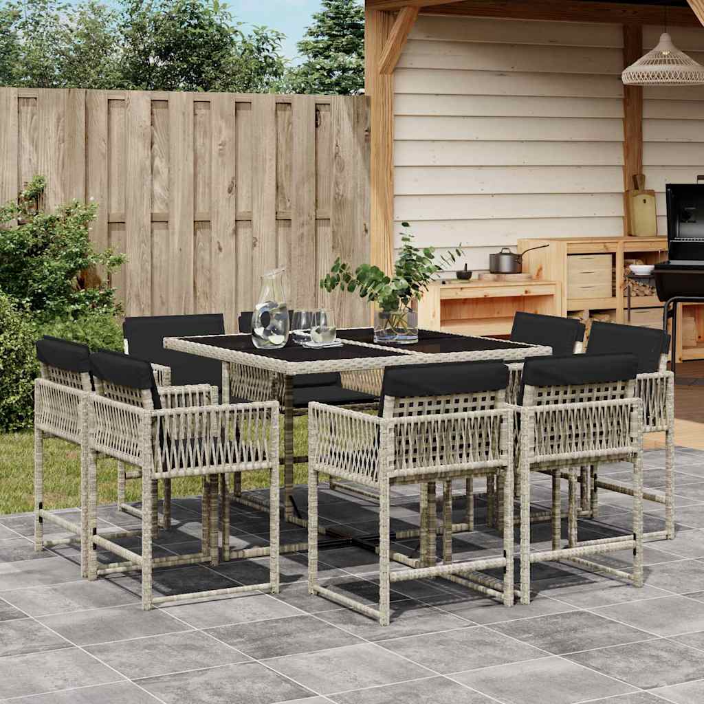 9 Piece Garden Dining Set with Cushions Light Grey Poly Rattan