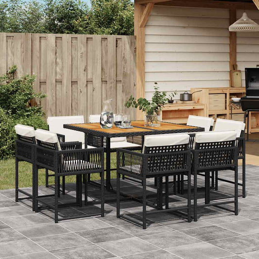 9 Piece Garden Dining Set with Cushions Black Poly Rattan