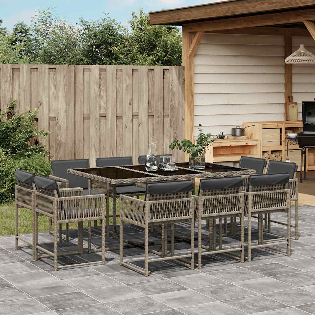 11 Piece Garden Dining Set with Cushions Grey Poly Rattan