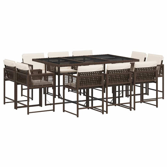 11 Piece Garden Dining Set with Cushions Brown Poly Rattan