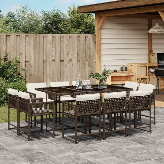 11 Piece Garden Dining Set with Cushions Brown Poly Rattan