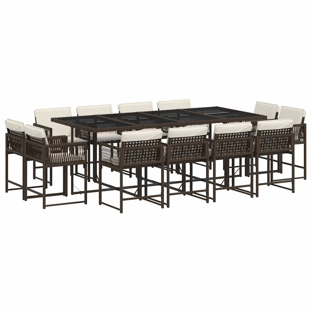 13 Piece Garden Dining Set with Cushions Brown Poly Rattan