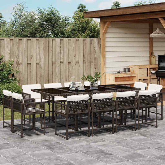 13 Piece Garden Dining Set with Cushions Brown Poly Rattan