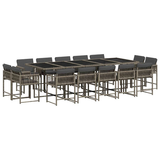 15 Piece Garden Dining Set with Cushions Grey Poly Rattan