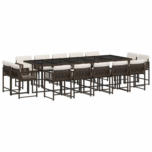 15 Piece Garden Dining Set with Cushions Brown Poly Rattan