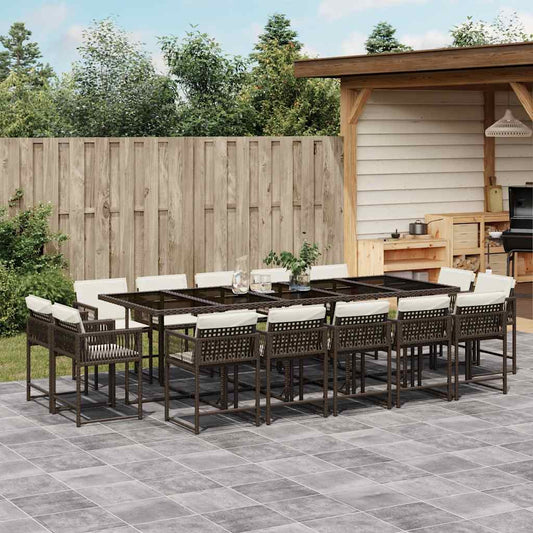 15 Piece Garden Dining Set with Cushions Brown Poly Rattan