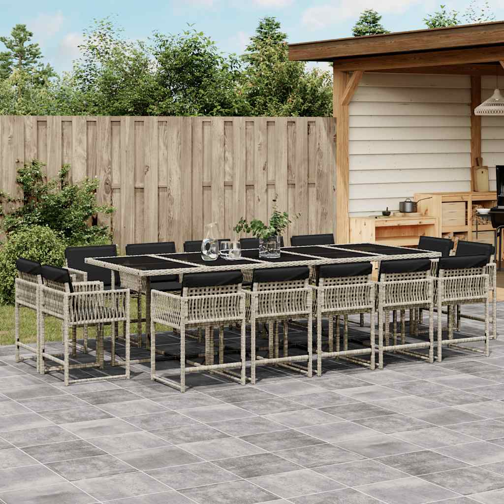 15 Piece Garden Dining Set with Cushions Light Grey Poly Rattan