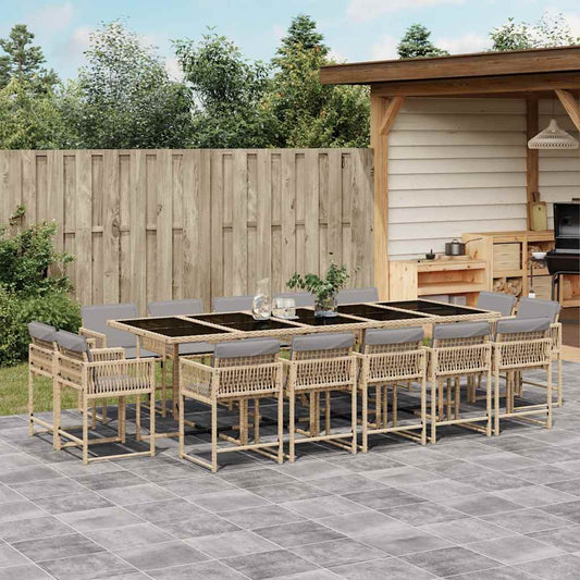15 Piece Garden Dining Set with Cushions Mix Beige Poly Rattan