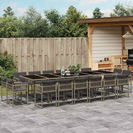 17 Piece Garden Dining Set with Cushions Grey Poly Rattan