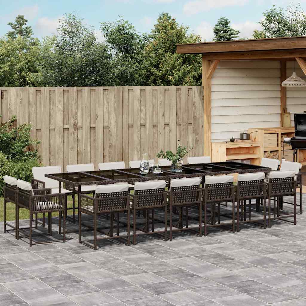17 Piece Garden Dining Set with Cushions Brown Poly Rattan