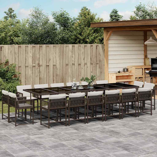 17 Piece Garden Dining Set with Cushions Brown Poly Rattan