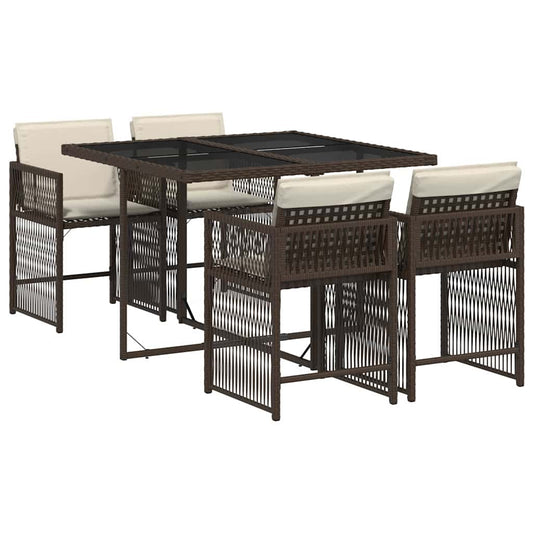5 Piece Garden Dining Set with Cushions Brown Poly Rattan