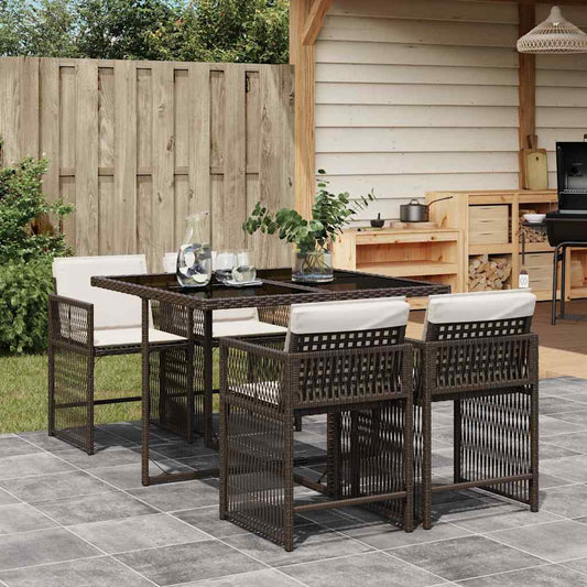 5 Piece Garden Dining Set with Cushions Brown Poly Rattan