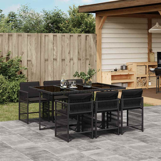7 Piece Garden Dining Set with Cushions Black Poly Rattan